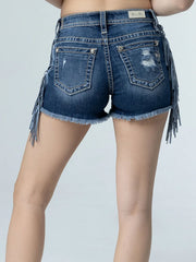 Miss Me H3636H77 Womens High Rise Shining Fringe Shorts Denim back view. If you need any assistance with this item or the purchase of this item please call us at five six one seven four eight eight eight zero one Monday through Saturday 10:00a.m EST to 8:00 p.m EST