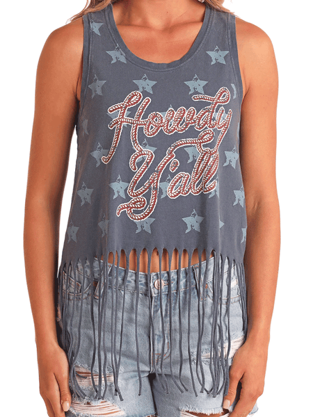 Rock & Roll Denim BW20T05941 Womens Howdy Y'all Fringe Tank Blue front close up view. If you need any assistance with this item or the purchase of this item please call us at five six one seven four eight eight eight zero one Monday through Saturday 10:00a.m EST to 8:00 p.m EST