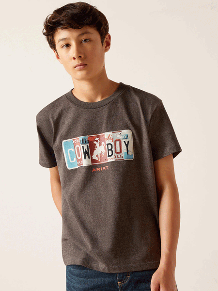 Ariat 10047911 Kids License Plate Cowboy T-Shirt Charcoal Heather front view. If you need any assistance with this item or the purchase of this item please call us at five six one seven four eight eight eight zero one Monday through Saturday 10:00a.m EST to 8:00 p.m EST