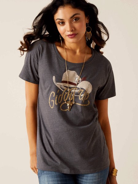 Ariat 10051444 Womens Cowboy Hat T-Shirt Titanium alternate front view. If you need any assistance with this item or the purchase of this item please call us at five six one seven four eight eight eight zero one Monday through Saturday 10:00a.m EST to 8:00 p.m EST