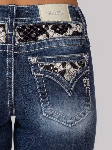 Miss Me M3976B3 Womens Mid Rise Bootcut Jeans Medium Blue back pocket close up view. If you need any assistance with this item or the purchase of this item please call us at five six one seven four eight eight eight zero one Monday through Saturday 10:00a.m EST to 8:00 p.m EST