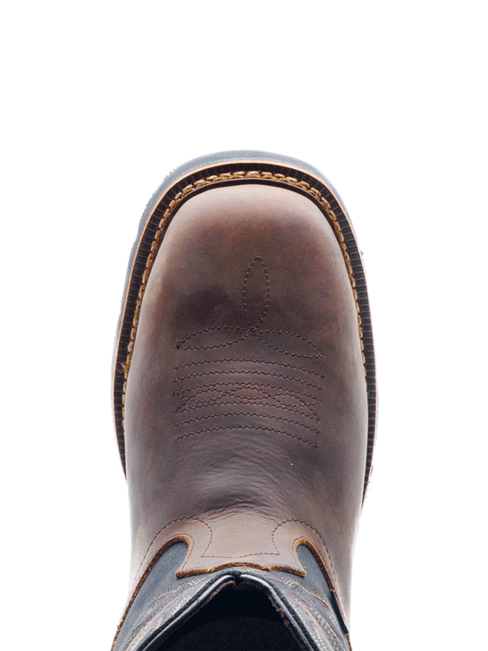 Thorogood 814-4330 Mens Square Toe Wellington Waterproof Boot Crazyhorse Brown toe view from above. If you need any assistance with this item or the purchase of this item please call us at five six one seven four eight eight eight zero one Monday through Saturday 10:00a.m EST to 8:00 p.m EST