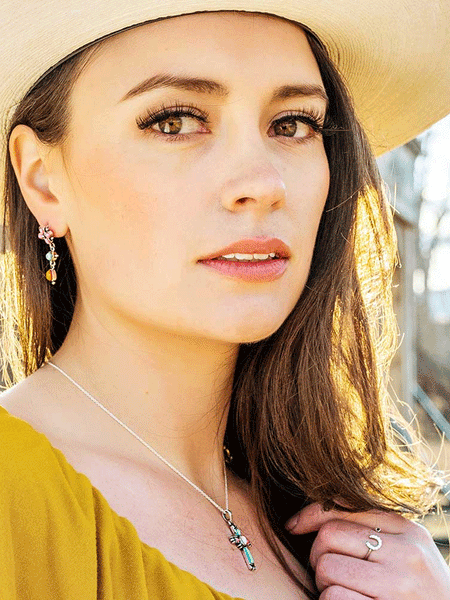Montana Silversmiths NC4911 Womens Faith Beaming Cross Necklace Silver Multicolor on model. If you need any assistance with this item or the purchase of this item please call us at five six one seven four eight eight eight zero one Monday through Saturday 10:00a.m EST to 8:00 p.m EST