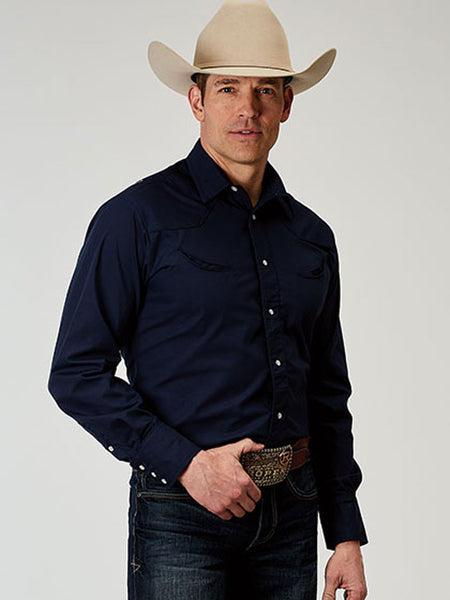 Roper 01-001-0017-0370 Mens Long Sleeve Solid Broadcloth Shirt Navy front view. If you need any assistance with this item or the purchase of this item please call us at five six one seven four eight eight eight zero one Monday through Saturday 10:00a.m EST to 8:00 p.m EST