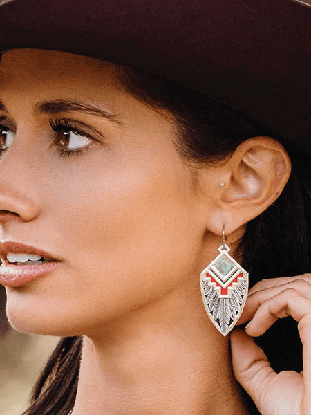 Montana Silversmiths AMER6059 Womens Southwest Aura American Made Earrings on model. If you need any assistance with this item or the purchase of this item please call us at five six one seven four eight eight eight zero one Monday through Saturday 10:00a.m EST to 8:00 p.m EST