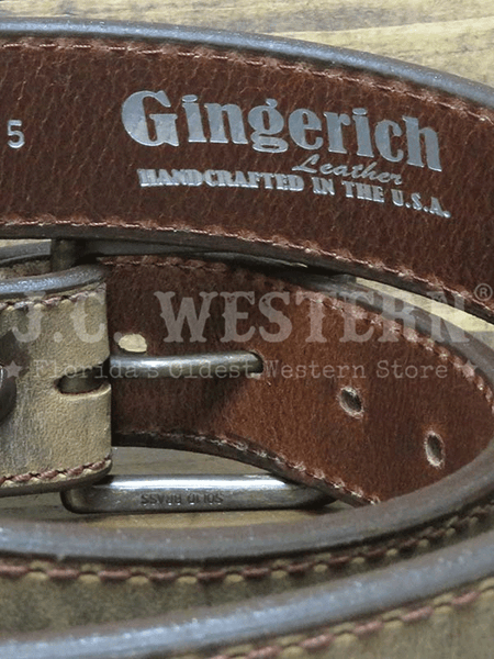 Gingerich 8246-45 Mens Austin Oil Tanned Leather Belt Distressed Brown inside close up view. If you need any assistance with this item or the purchase of this item please call us at five six one seven four eight eight eight zero one Monday through Saturday 10:00a.m EST to 8:00 p.m EST