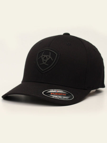 Ariat 1512401 Flexfit Logo Cap Black side / front view. If you need any assistance with this item or the purchase of this item please call us at five six one seven four eight eight eight zero one Monday through Saturday 10:00a.m EST to 8:00 p.m EST