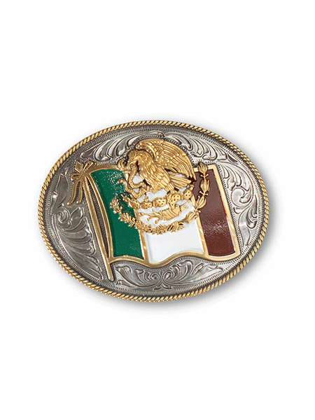 Ariat A37024 Oval Buckle Mexican Flag Eagle Motif Antique Silver front view. If you need any assistance with this item or the purchase of this item please call us at five six one seven four eight eight eight zero one Monday through Saturday 10:00a.m EST to 8:00 p.m EST