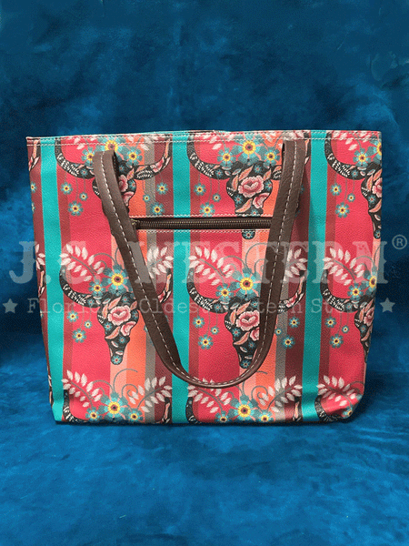 Catchfly 22035600MUL Womens Steer Head Print Tote Bag Turquoise And Coral back view. If you need any assistance with this item or the purchase of this item please call us at five six one seven four eight eight eight zero one Monday through Saturday 10:00a.m EST to 8:00 p.m EST