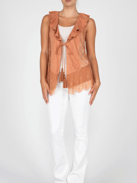 Miss Me MJ0629T Womens Ruffled Vest Jacket Orange full front view. If you need any assistance with this item or the purchase of this item please call us at five six one seven four eight eight eight zero one Monday through Saturday 10:00a.m EST to 8:00 p.m EST