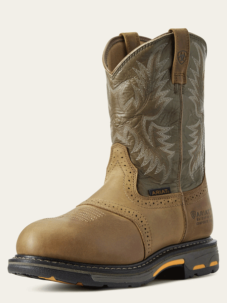 Ariat 10008635 Mens WorkHog Waterproof Composite Toe Work Boot Aged Bark front and side view. If you need any assistance with this item or the purchase of this item please call us at five six one seven four eight eight eight zero one Monday through Saturday 10:00a.m EST to 8:00 p.m EST