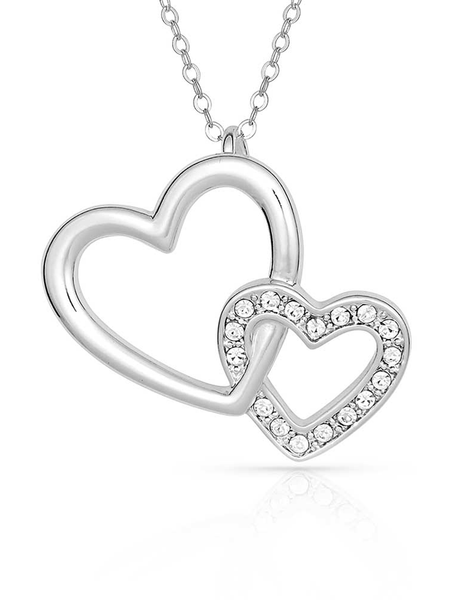 Montana Silversmiths NC61120 Womens Double Heart With Crystal Necklace Silver front view. If you need any assistance with this item or the purchase of this item please call us at five six one seven four eight eight eight zero one Monday through Saturday 10:00a.m EST to 8:00 p.m EST