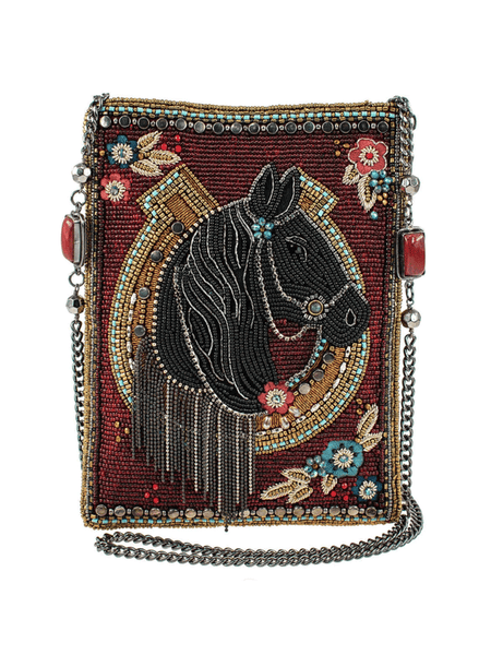 Mary Frances MINI S002-255 LETS GALLOP Mini Crossbody Clutch Burgundy front view. If you need any assistance with this item or the purchase of this item please call us at five six one seven four eight eight eight zero one Monday through Saturday 10:00a.m EST to 8:00 p.m EST
