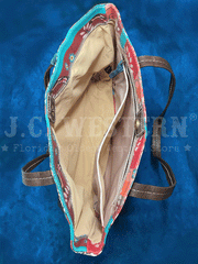 Catchfly 22035600MUL Womens Steer Head Print Tote Bag Turquoise And Coral inside view. If you need any assistance with this item or the purchase of this item please call us at five six one seven four eight eight eight zero one Monday through Saturday 10:00a.m EST to 8:00 p.m EST