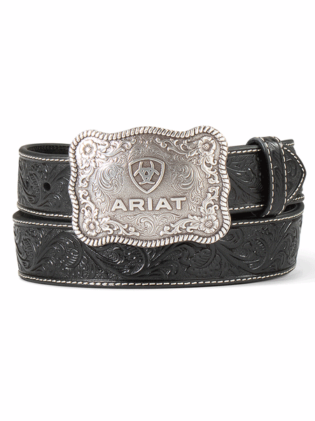 Ariat A1020401 Mens Leather Belt With Embossed Plate Buckle Black front view. If you need any assistance with this item or the purchase of this item please call us at five six one seven four eight eight eight zero one Monday through Saturday 10:00a.m EST to 8:00 p.m EST