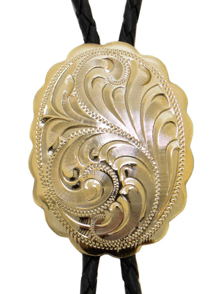 Western Express BT-529 Engraved Scalloped Oval German Silver Bolo Tie Gold front view close up. If you need any assistance with this item or the purchase of this item please call us at five six one seven four eight eight eight zero one Monday through Saturday 10:00a.m EST to 8:00 p.m EST