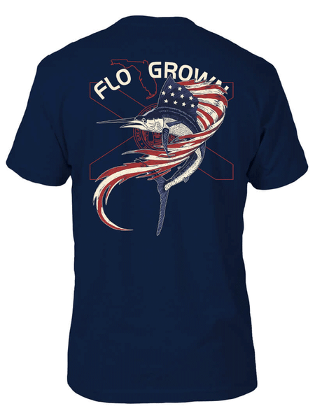 FloGrown FGM-1913 Mens National Sport Fishing Tee Navy back view. If you need any assistance with this item or the purchase of this item please call us at five six one seven four eight eight eight zero one Monday through Saturday 10:00a.m EST to 8:00 p.m EST