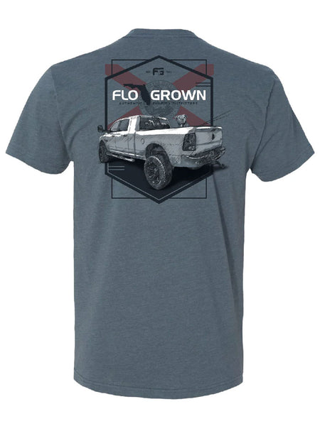 FloGrown FGM-1554 Mens Short Sleeve Duke Truck Tee Indigo back view. If you need any assistance with this item or the purchase of this item please call us at five six one seven four eight eight eight zero one Monday through Saturday 10:00a.m EST to 8:00 p.m EST