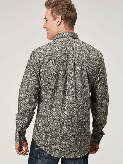 Roper 03-001-0064-0319 Mens Estampa Paisley Snap Shirt Olive Green back view. If you need any assistance with this item or the purchase of this item please call us at five six one seven four eight eight eight zero one Monday through Saturday 10:00a.m EST to 8:00 p.m EST