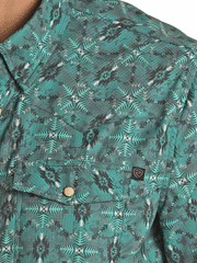 Rock & Roll Denim BMN3S02541 Mens Tek Western Short Sleeve Aztec Ripstop Snap Shirt Teal front pocket close up. If you need any assistance with this item or the purchase of this item please call us at five six one seven four eight eight eight zero one Monday through Saturday 10:00a.m EST to 8:00 p.m EST