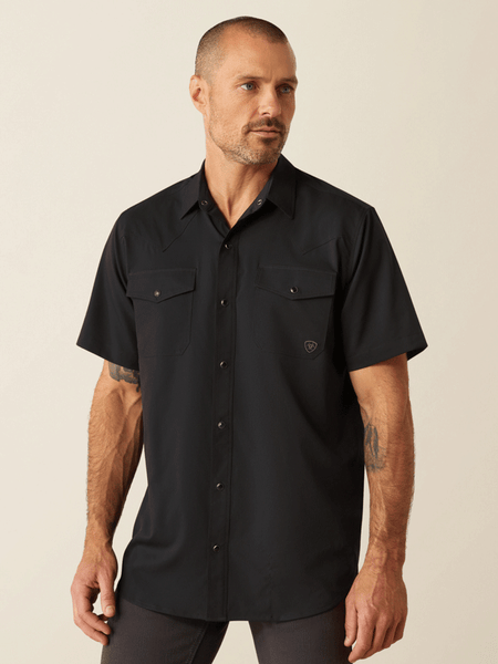 Ariat 10054477 Mens VentTEK Western Fitted Shirt Black front view. If you need any assistance with this item or the purchase of this item please call us at five six one seven four eight eight eight zero one Monday through Saturday 10:00a.m EST to 8:00 p.m EST