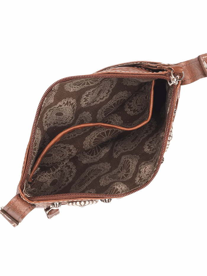 American West 4385884 Ladies Cowtown Trail Rider Crossbody Hip Bag Brown front view with strap. If you need any assistance with this item or the purchase of this item please call us at five six one seven four eight eight eight zero one Monday through Saturday 10:00a.m EST to 8:00 p.m EST
