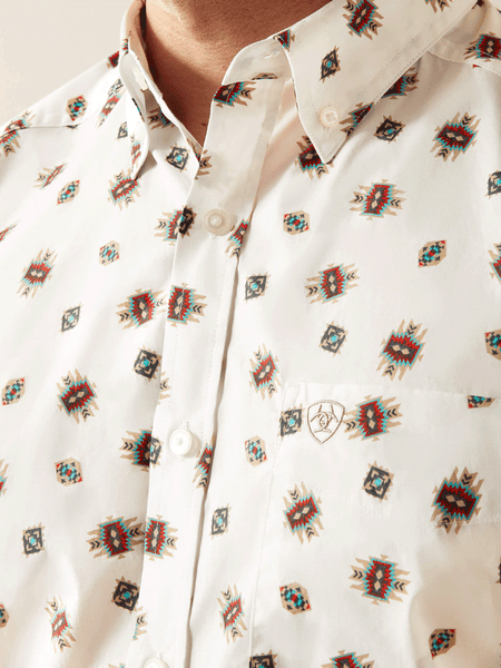 Ariat 10058748 Mens Westscott Classic Fit Short Sleeve Shirt White front close up. If you need any assistance with this item or the purchase of this item please call us at five six one seven four eight eight eight zero one Monday through Saturday 10:00a.m EST to 8:00 p.m EST