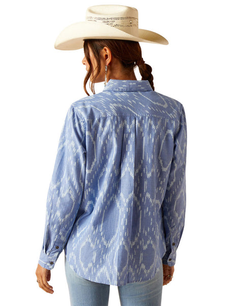 Ariat 10048993 Womens Billie Jean Long Sleeve Shirt Blackhawk Ikat Light Blue back view. If you need any assistance with this item or the purchase of this item please call us at five six one seven four eight eight eight zero one Monday through Saturday 10:00a.m EST to 8:00 p.m EST