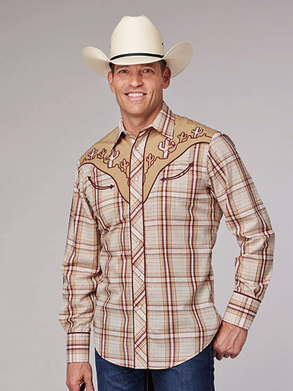 Roper 01-001-0024-4060 Mens Long Sleeve Plaid Western Shirt Tan front view. If you need any assistance with this item or the purchase of this item please call us at five six one seven four eight eight eight zero one Monday through Saturday 10:00a.m EST to 8:00 p.m EST
