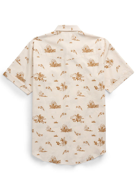 Ely Cattleman 2023116-EC Mens Short Sleeve Cowboy Shirt Beige Ecru Print back view. If you need any assistance with this item or the purchase of this item please call us at five six one seven four eight eight eight zero one Monday through Saturday 10:00a.m EST to 8:00 p.m EST