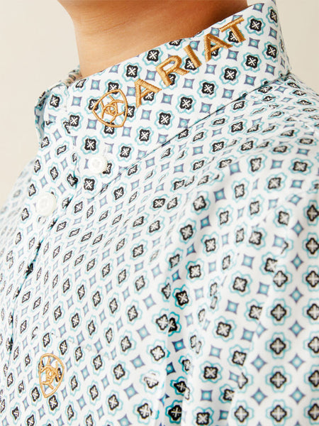 Ariat 10058719 Kids Team Franklin Classic Fit Shirt Brown And Light Blue collar close up. If you need any assistance with this item or the purchase of this item please call us at five six one seven four eight eight eight zero one Monday through Saturday 10:00a.m EST to 8:00 p.m EST