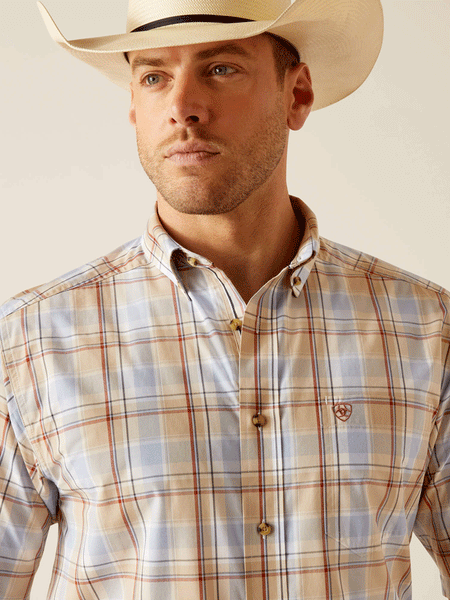 Ariat 10048429 Mens Pro Series Denzel Classic Fit Short Sleeve Shirt Beige front close up view. If you need any assistance with this item or the purchase of this item please call us at five six one seven four eight eight eight zero one Monday through Saturday 10:00a.m EST to 8:00 p.m EST