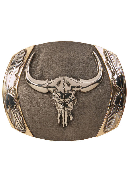 AndWest HC5002 Big Horn Longhorn Skull with Feathers Buckle Antique Gold And Silver front view. If you need any assistance with this item or the purchase of this item please call us at five six one seven four eight eight eight zero one Monday through Saturday 10:00a.m EST to 8:00 p.m EST