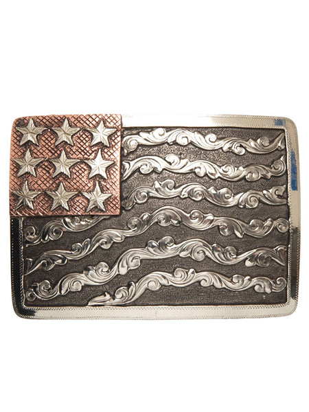 AndWest HC574 Denali Scrolled Waving American Flag Buckle Antique Copper And Silver front view. If you need any assistance with this item or the purchase of this item please call us at five six one seven four eight eight eight zero one Monday through Saturday 10:00a.m EST to 8:00 p.m EST