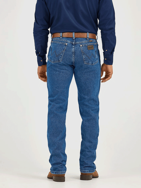 Wrangler 47MWZDS Mens Premium Cowboy Cut Regular Fit Jeans Dark Stone back view. If you need any assistance with this item or the purchase of this item please call us at five six one seven four eight eight eight zero one Monday through Saturday 10:00a.m EST to 8:00 p.m EST