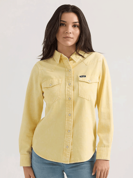 Wrangler 112361387 Womens Colorwash Slim Western Snap Shirt Yellow front view. If you need any assistance with this item or the purchase of this item please call us at five six one seven four eight eight eight zero one Monday through Saturday 10:00a.m EST to 8:00 p.m EST