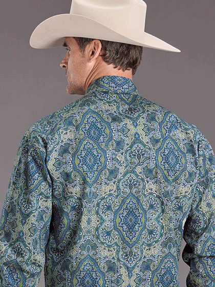 Stetson 11-001-0425-2060 Mens Paisley Print Western Shirt Blue back view. If you need any assistance with this item or the purchase of this item please call us at five six one seven four eight eight eight zero one Monday through Saturday 10:00a.m EST to 8:00 p.m EST