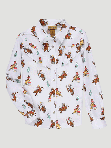 Wrangler 112329225 Kids Long Sleeve Western Snap Shirt White front view. If you need any assistance with this item or the purchase of this item please call us at five six one seven four eight eight eight zero one Monday through Saturday 10:00a.m EST to 8:00 p.m EST