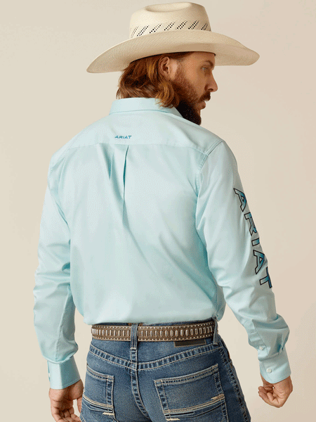 Ariat 10048717 Mens Team Logo Twill Fitted Shirt Light Aqua back view. If you need any assistance with this item or the purchase of this item please call us at five six one seven four eight eight eight zero one Monday through Saturday 10:00a.m EST to 8:00 p.m EST