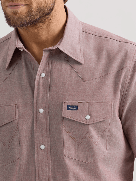 Wrangler 112359545 Mens Cowboy Cut Short Sleeve Classic Work Western Workshirt Brown front close up. If you need any assistance with this item or the purchase of this item please call us at five six one seven four eight eight eight zero one Monday through Saturday 10:00a.m EST to 8:00 p.m EST