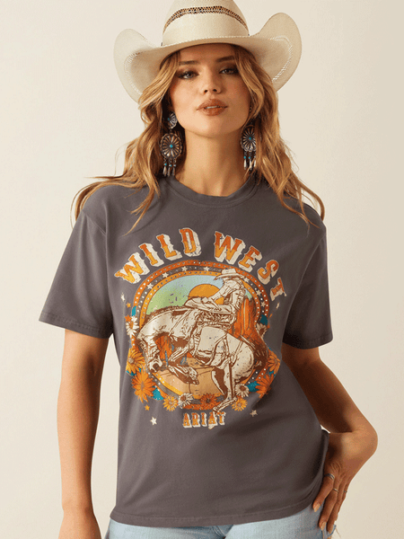 Ariat 10060387 Womens Retro Rodeo T-Shirt Thunderstorm Grey front view. If you need any assistance with this item or the purchase of this item please call us at five six one seven four eight eight eight zero one Monday through Saturday 10:00a.m EST to 8:00 p.m EST