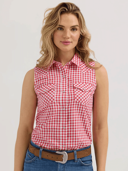 Wrangler 112362261 Womens Essential Western Snap Plaid Tank Red front view. If you need any assistance with this item or the purchase of this item please call us at five six one seven four eight eight eight zero one Monday through Saturday 10:00a.m EST to 8:00 p.m EST