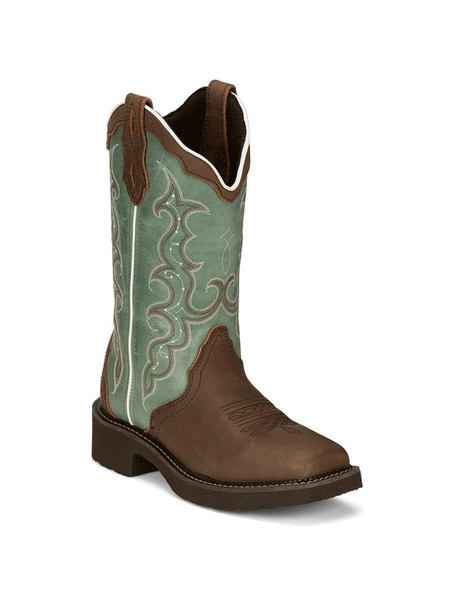 Justin GY2904 Womens RAYA Water Buffalo Western Boot Distressed Brown front and side view. If you need any assistance with this item or the purchase of this item please call us at five six one seven four eight eight eight zero one Monday through Saturday 10:00a.m EST to 8:00 p.m EST