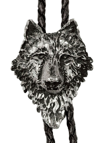 Western Express BT-375 Wolf Head Bolo Tie Grey front view. If you need any assistance with this item or the purchase of this item please call us at five six one seven four eight eight eight zero one Monday through Saturday 10:00a.m EST to 8:00 p.m EST