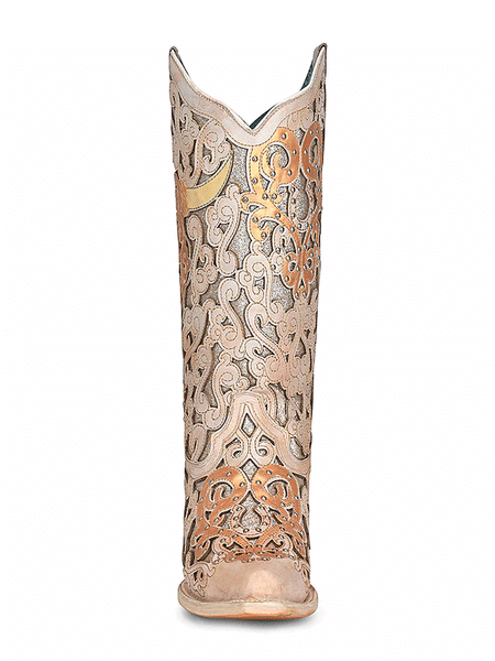 Corral A4408 Ladies Bull Skull Embroidery And Glitter Inlay Boots Tan front view. If you need any assistance with this item or the purchase of this item please call us at five six one seven four eight eight eight zero one Monday through Saturday 10:00a.m EST to 8:00 p.m EST