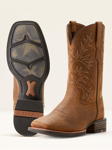 Ariat 10053566 Mens Oakwood Cowboy Boot Distressed Brown front side and sole view. If you need any assistance with this item or the purchase of this item please call us at five six one seven four eight eight eight zero one Monday through Saturday 10:00a.m EST to 8:00 p.m EST