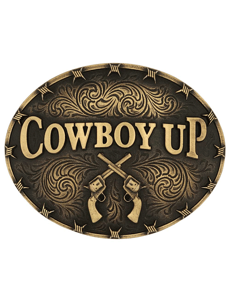Montana Silversmiths A1007C Cowboy Up Attitude Buckle Brass front view. If you need any assistance with this item or the purchase of this item please call us at five six one seven four eight eight eight zero one Monday through Saturday 10:00a.m EST to 8:00 p.m EST