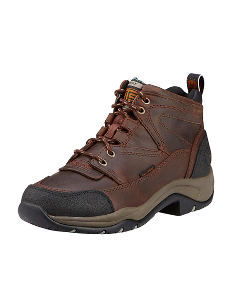 Ariat 10004134 Womens Terrain Waterproof Hiking Work Boot Copper front and side view. If you need any assistance with this item or the purchase of this item please call us at five six one seven four eight eight eight zero one Monday through Saturday 10:00a.m EST to 8:00 p.m EST