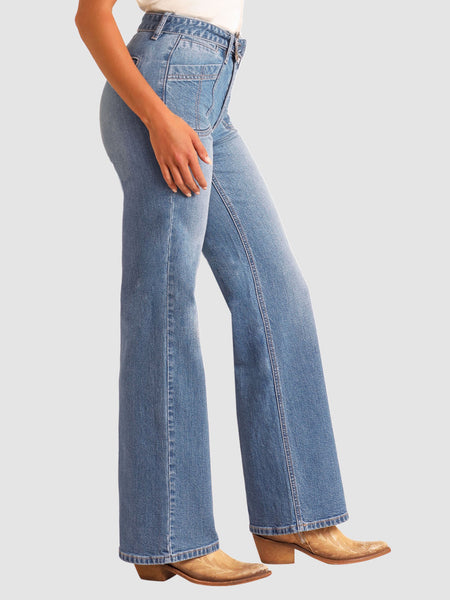 Rock & Roll Denim BW6HD06063 Womens High Rise Belted Relaxed Flare Jeans Medium Wash side view. If you need any assistance with this item or the purchase of this item please call us at five six one seven four eight eight eight zero one Monday through Saturday 10:00a.m EST to 8:00 p.m EST