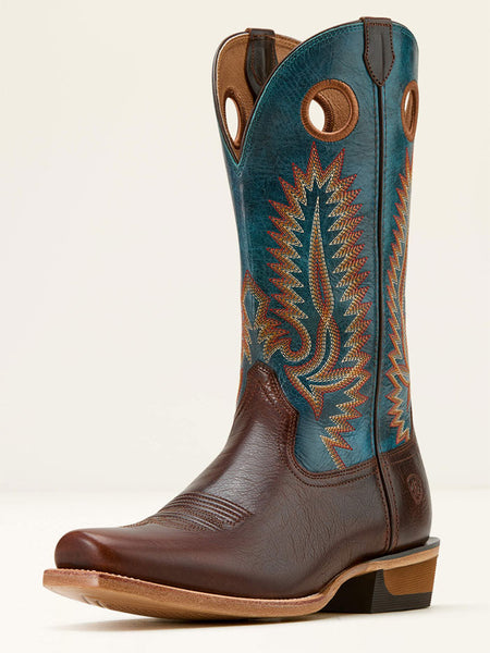 Ariat 10061305 Mens Southland Cowboy Boot Conquest Brown Hyper Blue side front view. If you need any assistance with this item or the purchase of this item please call us at five six one seven four eight eight eight zero one Monday through Saturday 10:00a.m EST to 8:00 p.m EST